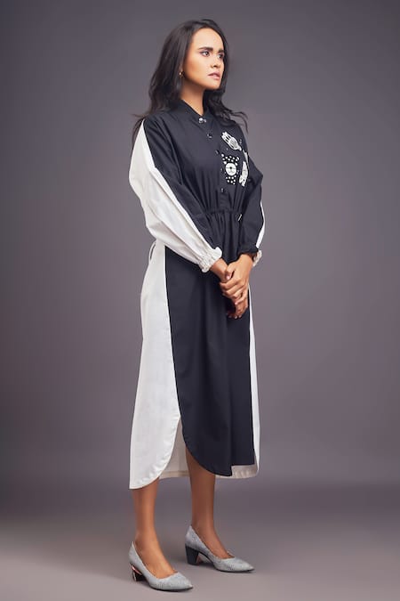 Deepika Arora_Black Cotton Embroidery Mandarin Collar Badge Detailed Oversized Dress _at_Aza_Fashions