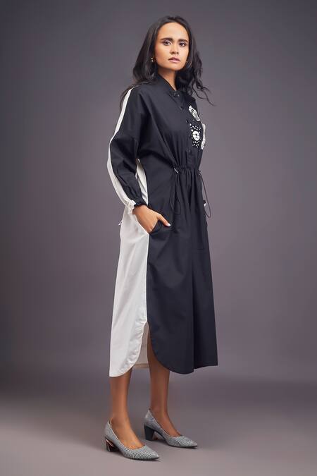 Buy_Deepika Arora_Black Cotton Embroidery Mandarin Collar Badge Detailed Oversized Dress 