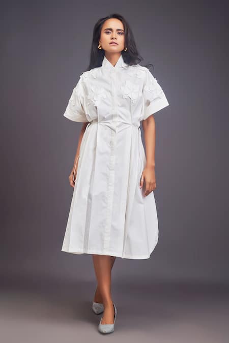 Deepika Arora White 100% Cotton Patchwork Flower High Pleat Detailed Midi Shirt Dress 