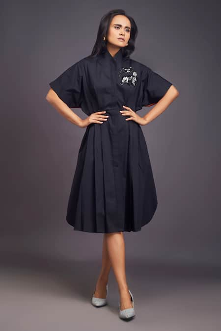 Deepika Arora Black 100% Cotton Patchwork Flower High Pleat Detailed Shirt Dress 