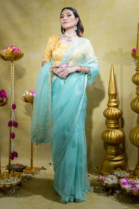 Shop_Sheela Suthar_Yellow Organza, Satin Lotus Zardosi Embroidered Saree With Blouse _Online_at_Aza_Fashions
