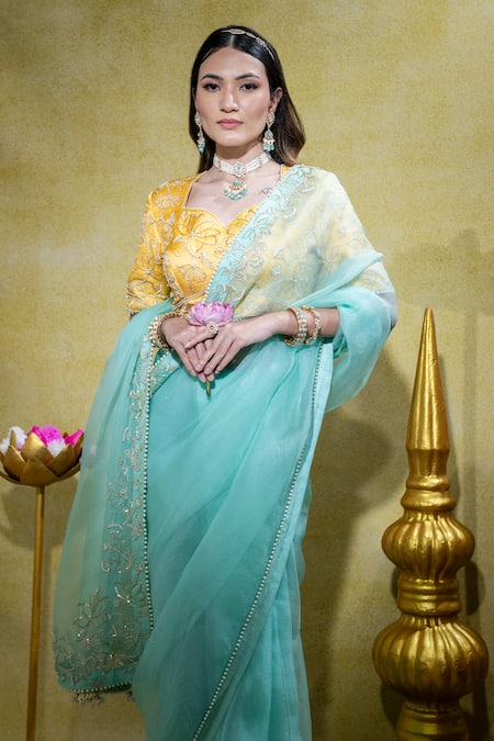 Sheela Suthar_Yellow Organza, Satin Lotus Zardosi Embroidered Saree With Blouse _at_Aza_Fashions