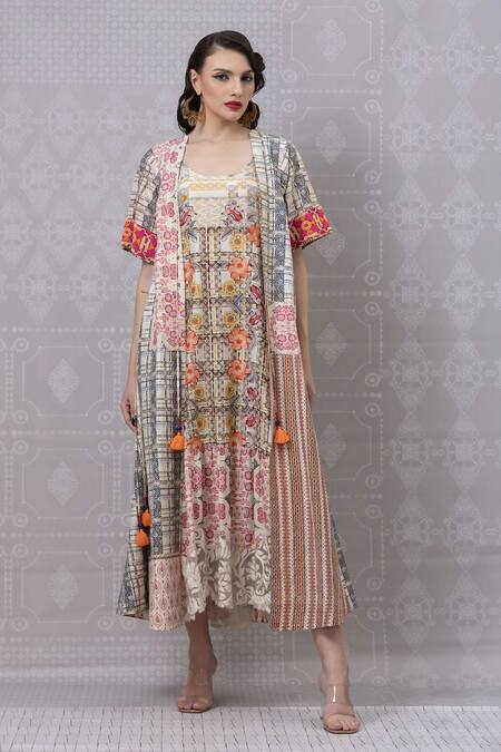 Niki Mahajan Beige Crepe Tassels Round Neck Geometric Floral Print Dress With Cape Online at Aza Fashions Niki Mahajan_Beige Crepe Tassels Round Neck Geometric Floral Print Dress With Cape _Online_at_Aza_Fashions