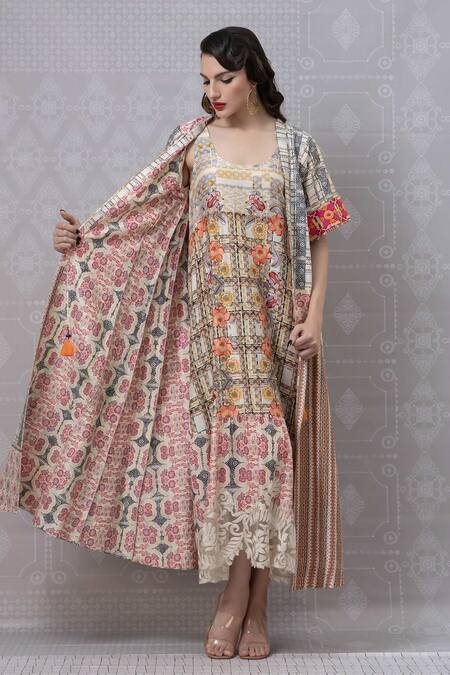 Buy Niki Mahajan Beige Crepe Tassels Round Neck Geometric Floral Print Dress With Cape Online at Aza Fashions Buy_Niki Mahajan_Beige Crepe Tassels Round Neck Geometric Floral Print Dress With Cape _Online_at_Aza_Fashions