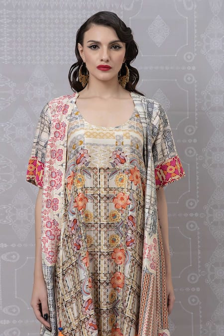 Shop Niki Mahajan Beige Crepe Tassels Round Neck Geometric Floral Print Dress With Cape Online at Aza Fashions Shop_Niki Mahajan_Beige Crepe Tassels Round Neck Geometric Floral Print Dress With Cape _Online_at_Aza_Fashions