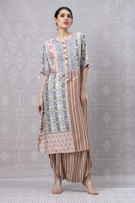 Niki Mahajan Beaded Floral Kurta With Draped Pant 