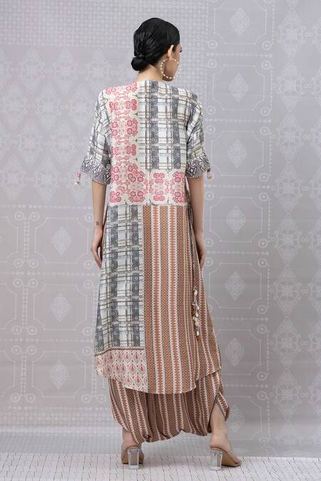 Shop Niki Mahajan Beige Crepe Printed Vintage Floral Round Beaded Kurta With Draped Pant at Aza Fashions Shop_Niki Mahajan_Beige Crepe Printed Vintage Floral Round Beaded Kurta With Draped Pant _at_Aza_Fashions