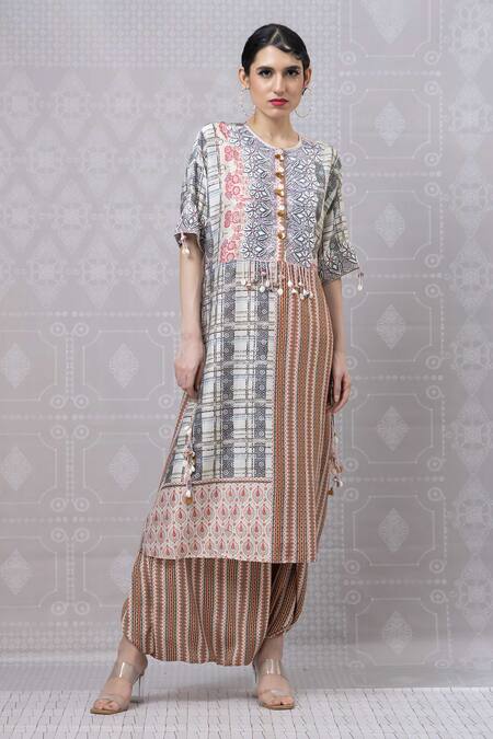Niki Mahajan Beige Crepe Printed Vintage Floral Round Beaded Kurta With Draped Pant Online at Aza Fashions Niki Mahajan_Beige Crepe Printed Vintage Floral Round Beaded Kurta With Draped Pant _Online_at_Aza_Fashions
