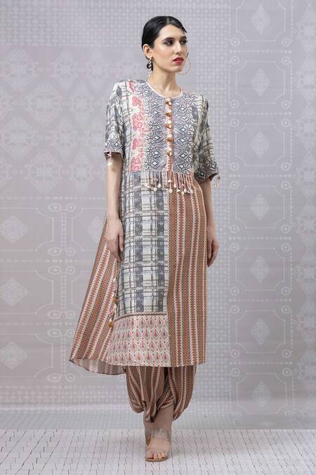 Shop Niki Mahajan Beige Crepe Printed Vintage Floral Round Beaded Kurta With Draped Pant Online at Aza Fashions Shop_Niki Mahajan_Beige Crepe Printed Vintage Floral Round Beaded Kurta With Draped Pant _Online_at_Aza_Fashions
