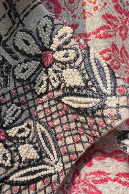 Buy Niki Mahajan Beige Crepe Printed Vintage Floral Round Beaded Kurta With Draped Pant Buy_Niki Mahajan_Beige Crepe Printed Vintage Floral Round Beaded Kurta With Draped Pant