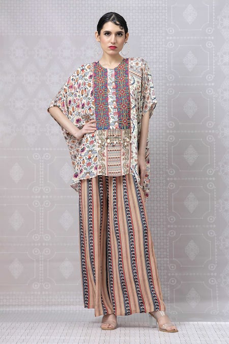Niki Mahajan Beige Crepe Printed Vintage Floral Round Beads Embroidered Short Kurta With Pant 