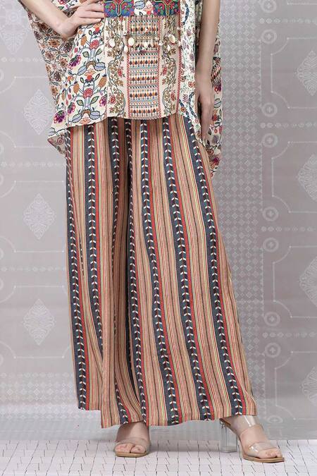 Niki Mahajan Beige Crepe Printed Vintage Floral Round Beads Embroidered Short Kurta With Pant Online at Aza Fashions Niki Mahajan_Beige Crepe Printed Vintage Floral Round Beads Embroidered Short Kurta With Pant _Online_at_Aza_Fashions