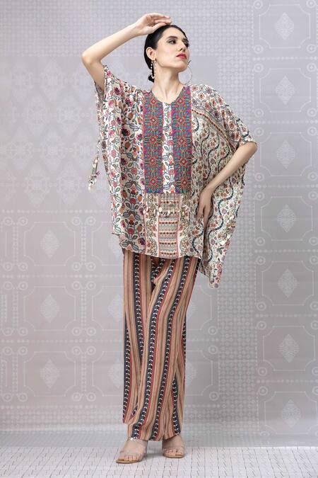 Buy Niki Mahajan Beige Crepe Printed Vintage Floral Round Beads Embroidered Short Kurta With Pant Online at Aza Fashions Buy_Niki Mahajan_Beige Crepe Printed Vintage Floral Round Beads Embroidered Short Kurta With Pant _Online_at_Aza_Fashions