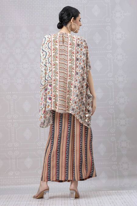 Shop Niki Mahajan Beige Crepe Printed Vintage Floral Round Geometric Short Kurta With Pant at Aza Fashions Shop_Niki Mahajan_Beige Crepe Printed Vintage Floral Round Geometric Short Kurta With Pant _at_Aza_Fashions