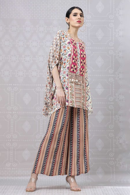 Niki Mahajan Beige Crepe Printed Vintage Floral Round Geometric Short Kurta With Pant Online at Aza Fashions Niki Mahajan_Beige Crepe Printed Vintage Floral Round Geometric Short Kurta With Pant _Online_at_Aza_Fashions