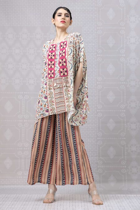 Buy Niki Mahajan Beige Crepe Printed Vintage Floral Round Geometric Short Kurta With Pant Online at Aza Fashions Buy_Niki Mahajan_Beige Crepe Printed Vintage Floral Round Geometric Short Kurta With Pant _Online_at_Aza_Fashions