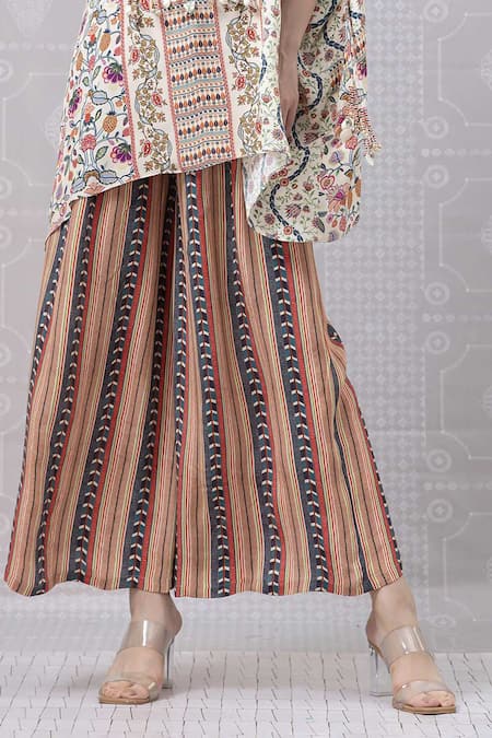 Shop Niki Mahajan Beige Crepe Printed Vintage Floral Round Geometric Short Kurta With Pant Online at Aza Fashions Shop_Niki Mahajan_Beige Crepe Printed Vintage Floral Round Geometric Short Kurta With Pant _Online_at_Aza_Fashions