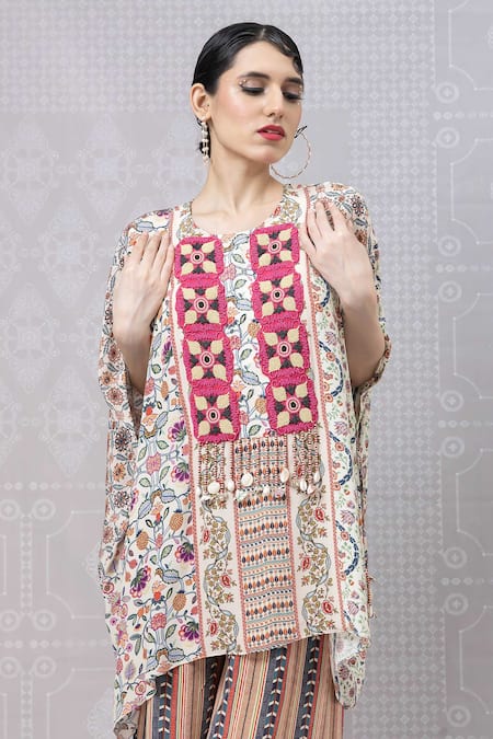 Niki Mahajan Beige Crepe Printed Vintage Floral Round Geometric Short Kurta With Pant at Aza Fashions Niki Mahajan_Beige Crepe Printed Vintage Floral Round Geometric Short Kurta With Pant _at_Aza_Fashions