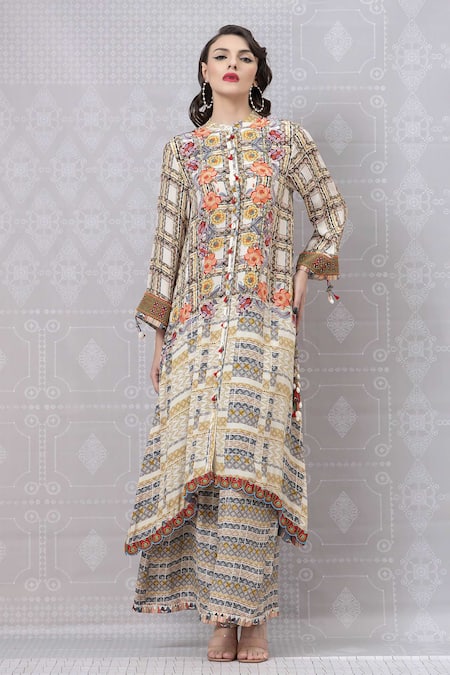 Niki Mahajan Beige Crepe Printed Vintage Floral Round Abstract Kurta With Pant 