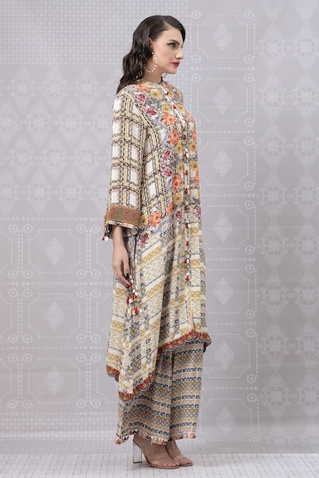 Shop Niki Mahajan Beige Crepe Printed Vintage Floral Round Abstract Kurta With Pant at Aza Fashions Shop_Niki Mahajan_Beige Crepe Printed Vintage Floral Round Abstract Kurta With Pant _at_Aza_Fashions