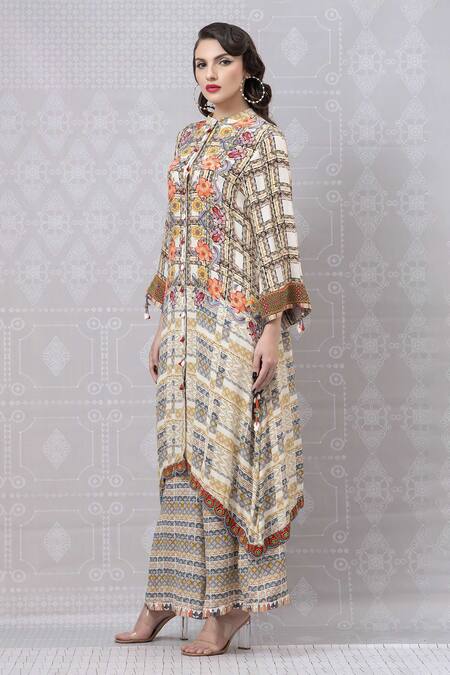 Niki Mahajan Beige Crepe Printed Vintage Floral Round Abstract Kurta With Pant Online at Aza Fashions Niki Mahajan_Beige Crepe Printed Vintage Floral Round Abstract Kurta With Pant _Online_at_Aza_Fashions