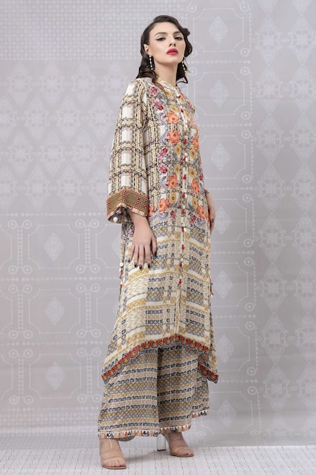 Buy Niki Mahajan Beige Crepe Printed Vintage Floral Round Abstract Kurta With Pant Online at Aza Fashions Buy_Niki Mahajan_Beige Crepe Printed Vintage Floral Round Abstract Kurta With Pant _Online_at_Aza_Fashions