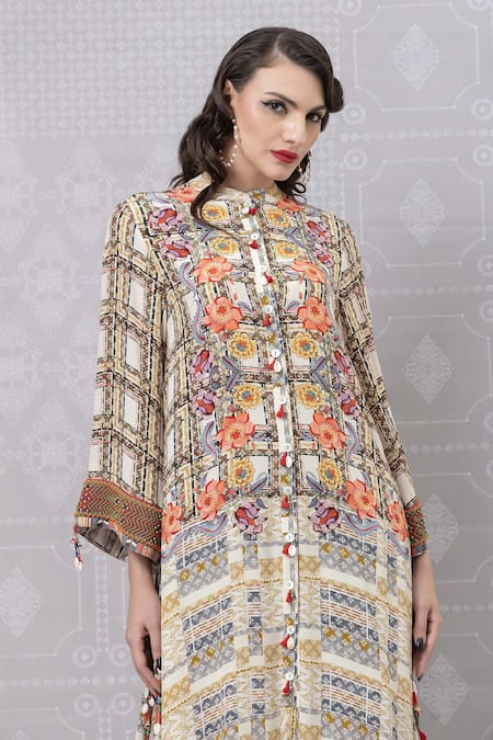 Shop Niki Mahajan Beige Crepe Printed Vintage Floral Round Abstract Kurta With Pant Online at Aza Fashions Shop_Niki Mahajan_Beige Crepe Printed Vintage Floral Round Abstract Kurta With Pant _Online_at_Aza_Fashions