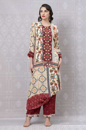 Niki Mahajan_Beige Crepe Beads, Embroidery Round Neck Vintage Floral Print Kurta Pant Set _Online_at_Aza_Fashions