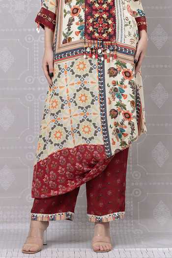Buy_Niki Mahajan_Beige Crepe Beads, Embroidery Round Neck Vintage Floral Print Kurta Pant Set _Online_at_Aza_Fashions