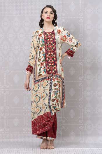 Shop_Niki Mahajan_Beige Crepe Beads, Embroidery Round Neck Vintage Floral Print Kurta Pant Set _Online_at_Aza_Fashions