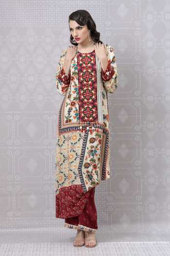 Buy_Niki Mahajan_Beige Crepe Beads, Embroidery Round Neck Vintage Floral Print Kurta Pant Set 