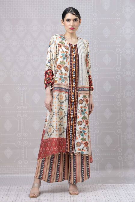 Niki Mahajan_Beige Crepe Beads Round Neck Botanic Print A-line Kurta With Pant _Online_at_Aza_Fashions