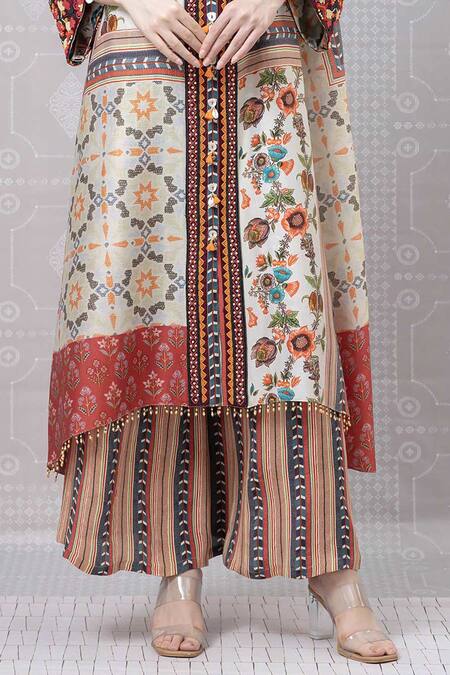 Buy_Niki Mahajan_Beige Crepe Beads Round Neck Botanic Print A-line Kurta With Pant _Online_at_Aza_Fashions