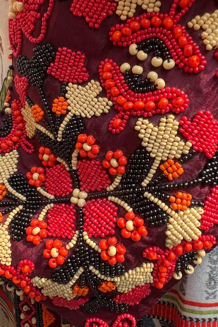 Buy_Niki Mahajan_Beige Crepe Beads Round Neck Botanic Print A-line Kurta With Pant 