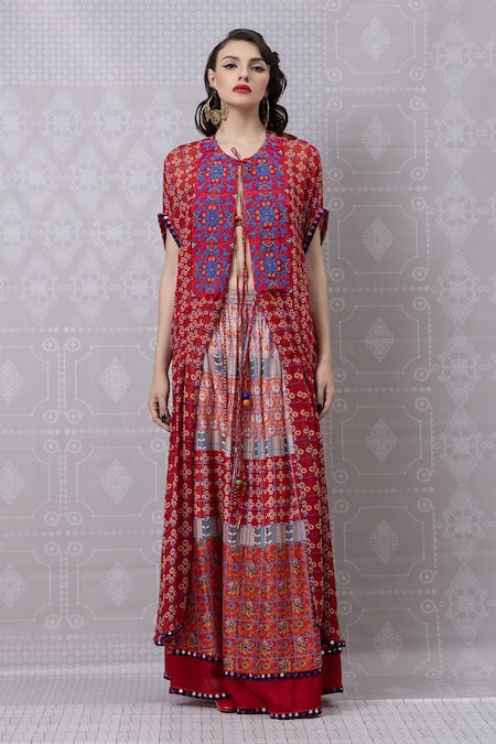Niki Mahajan_Red Crepe Beads Handblock Print Cape With Skirt _Online_at_Aza_Fashions