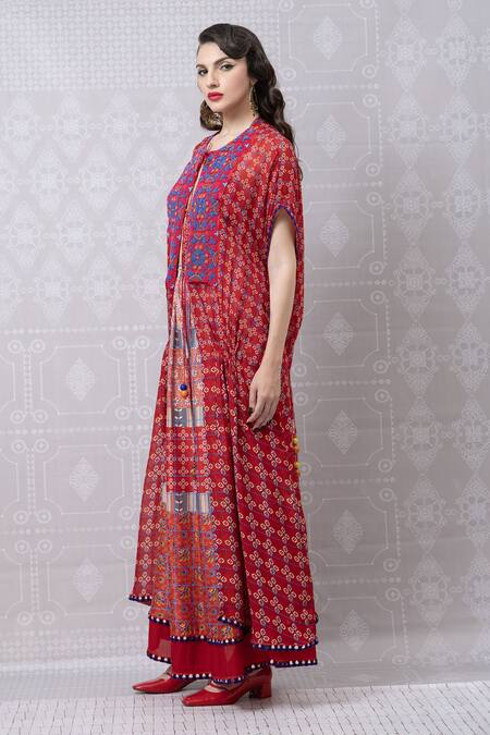 Buy_Niki Mahajan_Red Crepe Beads Handblock Print Cape With Skirt _Online_at_Aza_Fashions