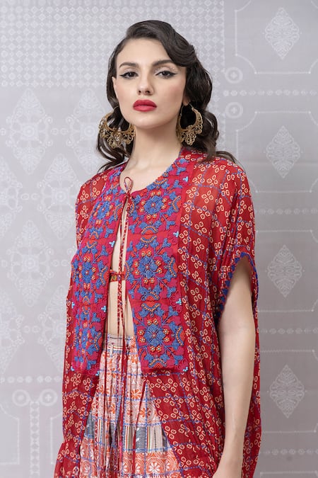 Shop_Niki Mahajan_Red Crepe Beads Handblock Print Cape With Skirt _Online_at_Aza_Fashions