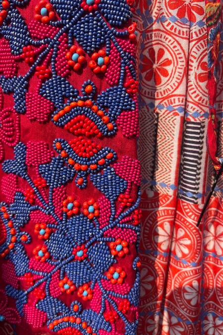 Niki Mahajan_Red Crepe Beads Handblock Print Cape With Skirt _at_Aza_Fashions