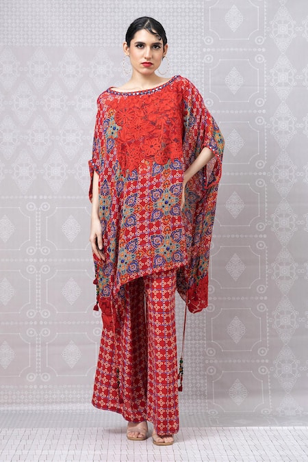 Niki Mahajan Red Crepe Hand Block Printed Vintage Floral Boat Top With Pant 