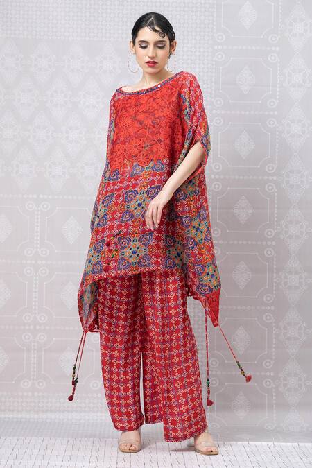 Niki Mahajan_Red Crepe Hand Block Printed Vintage Floral Boat Top With Pant _Online_at_Aza_Fashions