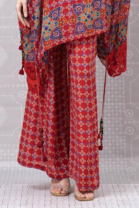 Buy_Niki Mahajan_Red Crepe Hand Block Printed Vintage Floral Boat Top With Pant _Online_at_Aza_Fashions