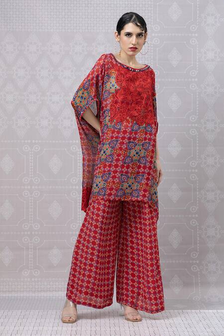 Shop_Niki Mahajan_Red Crepe Hand Block Printed Vintage Floral Boat Top With Pant _Online_at_Aza_Fashions
