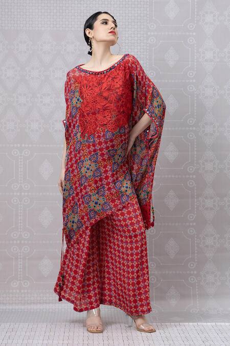 Niki Mahajan_Red Crepe Hand Block Printed Vintage Floral Boat Top With Pant _at_Aza_Fashions
