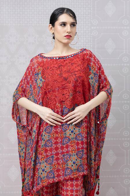 Buy_Niki Mahajan_Red Crepe Hand Block Printed Vintage Floral Boat Top With Pant 
