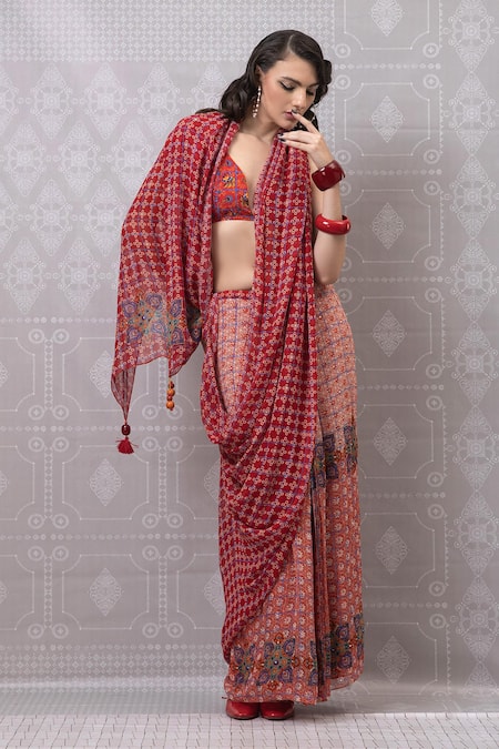 Niki Mahajan Handblock Print Pre-Draped Saree With Bralette 