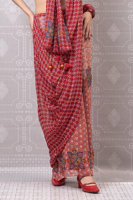 Niki Mahajan_Red Crepe Tassels Handblock Print Pre-draped Saree With Bralette _Online_at_Aza_Fashions