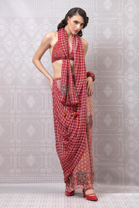 Buy_Niki Mahajan_Red Crepe Tassels Handblock Print Pre-draped Saree With Bralette _Online_at_Aza_Fashions