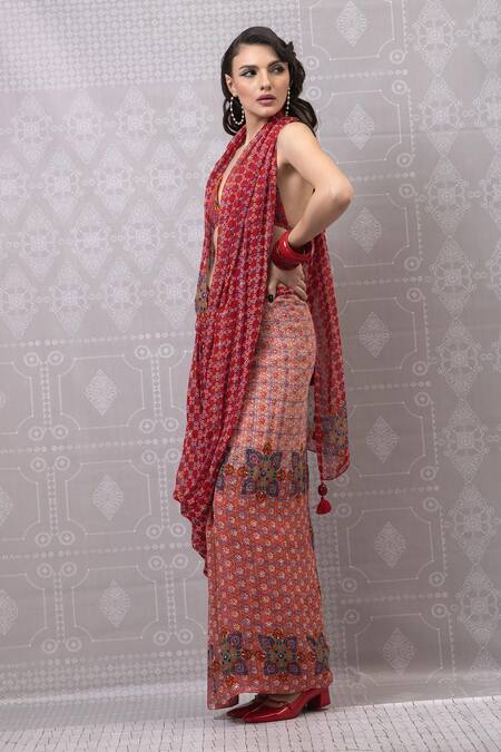 Shop_Niki Mahajan_Red Crepe Tassels Handblock Print Pre-draped Saree With Bralette _Online_at_Aza_Fashions