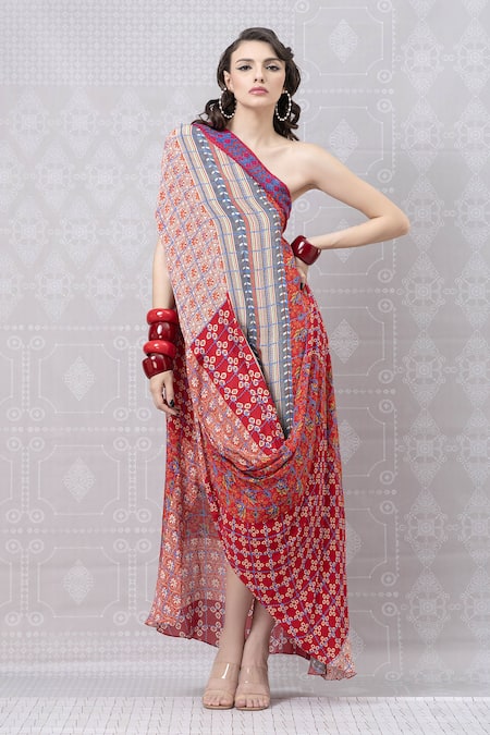 Buy_Niki Mahajan_Red Crepe Handblock Printed Vintage Floral One-shoulder Draped Dress _Online_at_Aza_Fashions