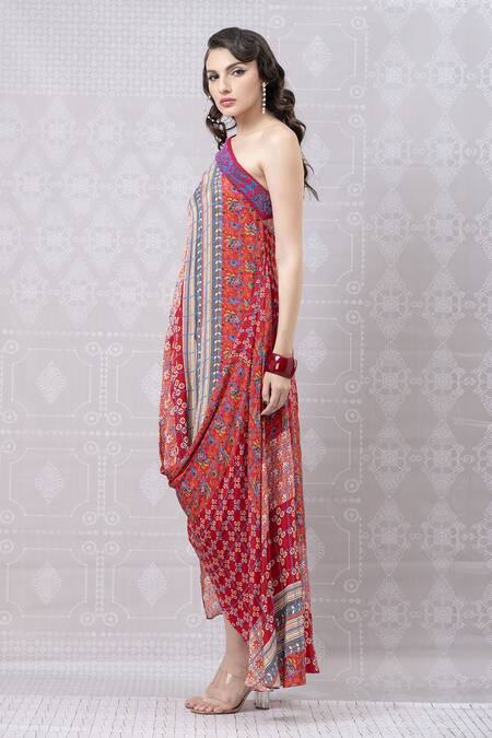 Shop_Niki Mahajan_Red Crepe Handblock Printed Vintage Floral One-shoulder Draped Dress _Online_at_Aza_Fashions